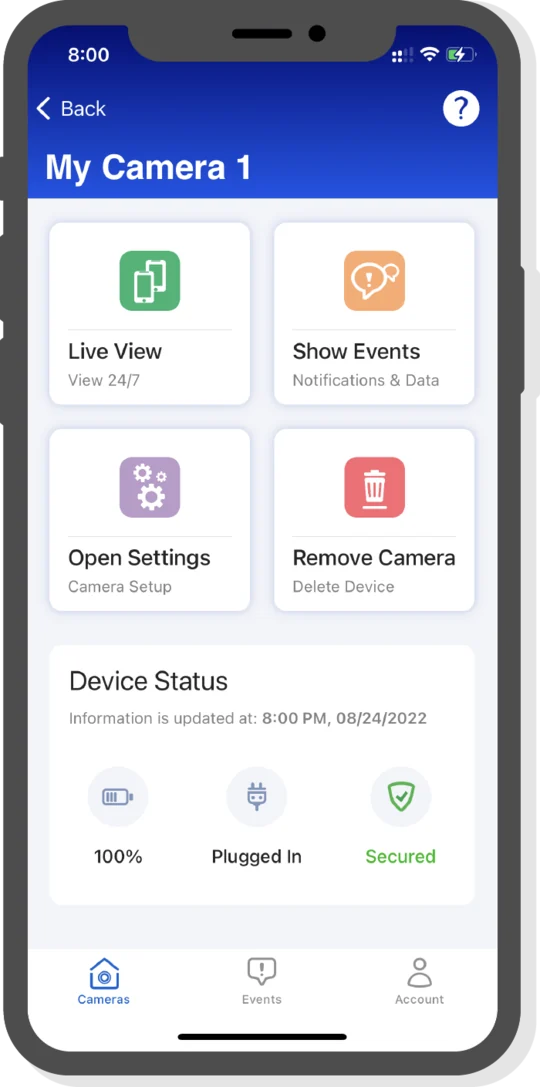 Rill Camera app showing the camera dashboard: Live View, Show Events, Open Settings and Device Status