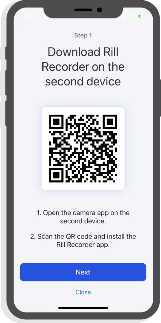 Rill Camera on the main device showing a QR code to download Rill Recorder