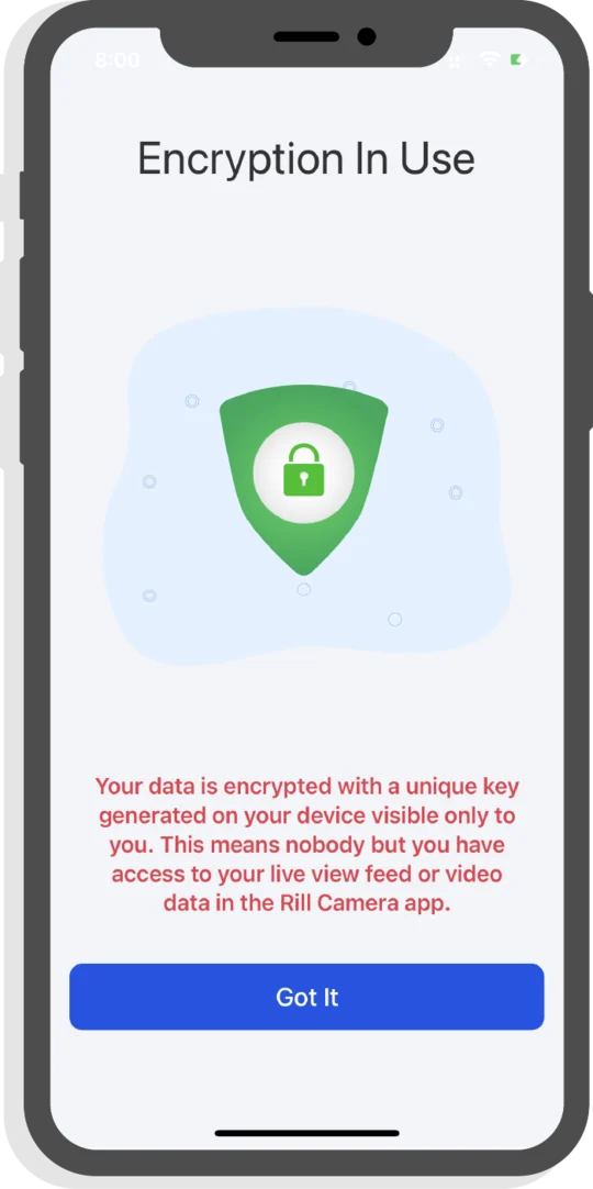 Rill Camera app screen: Encryption In Use