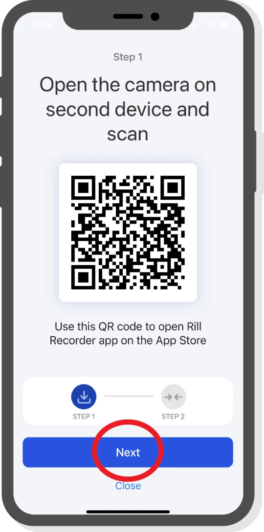 QR code screen with the Next button highlighted