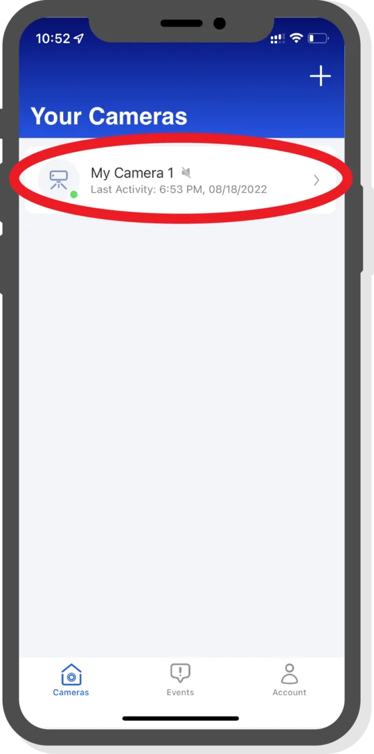 Your Cameras list with the camera name highlighted