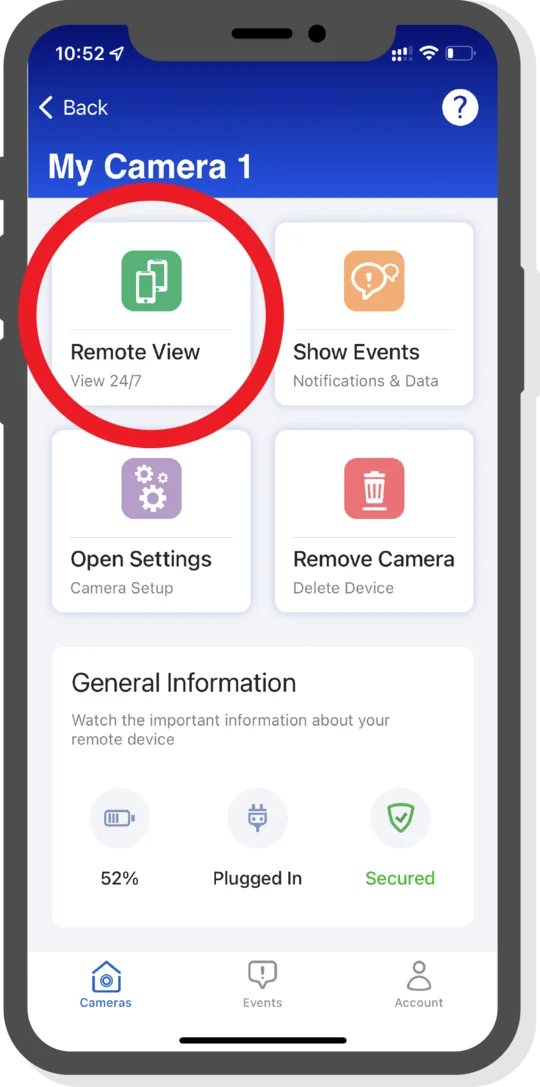 Camera dashboard with the live view button highlighted