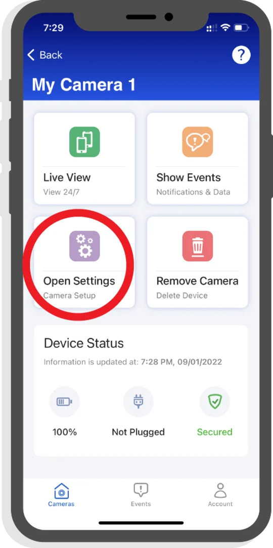 Camera dashboard with the Open Settings button highlighted