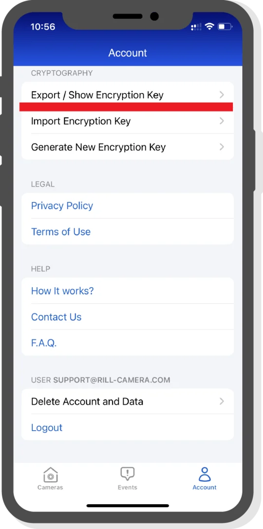 Export / Show Encryption Key option on the Account page