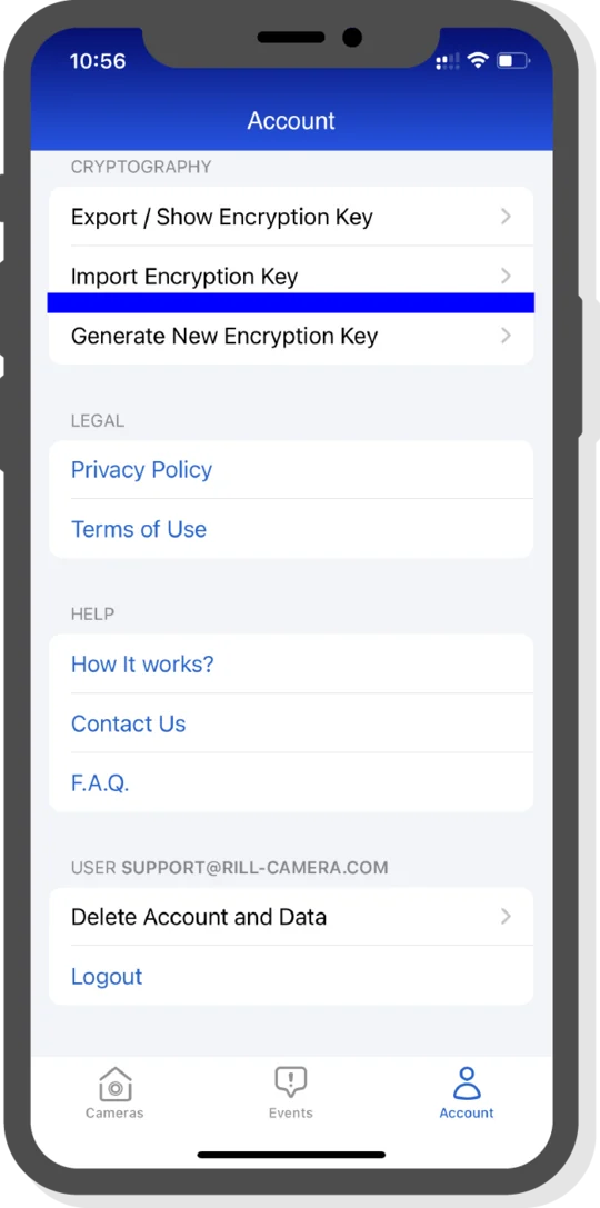 Import Encryption Key option on the Account page