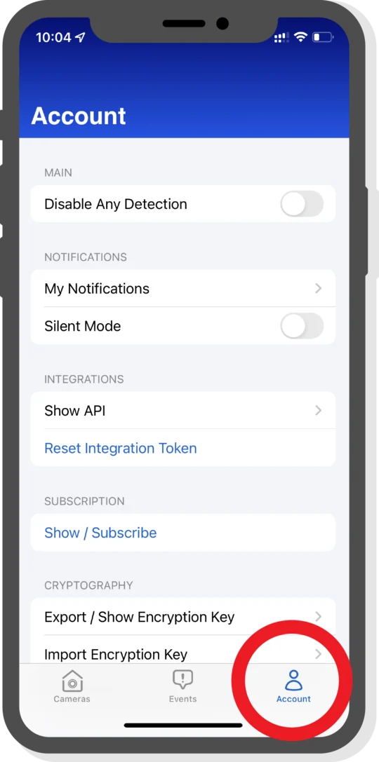 Account button highlighted in the footer menu