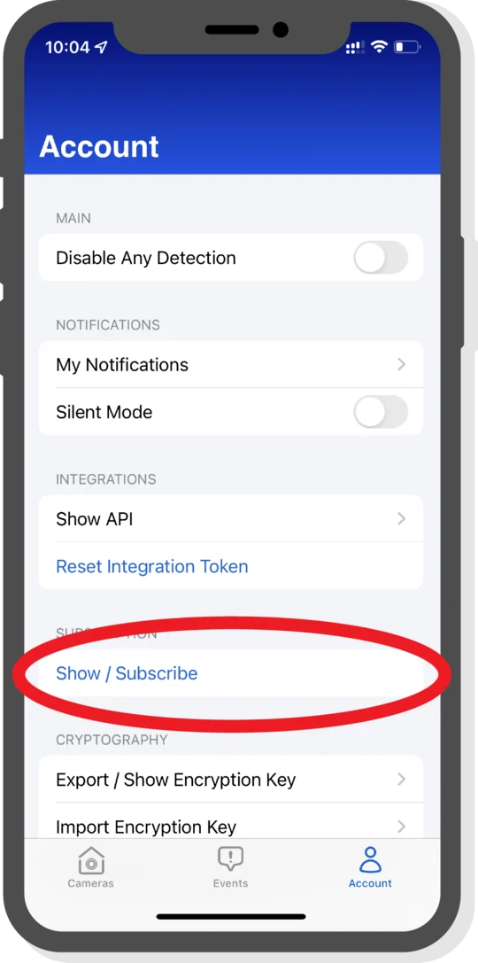 Show / Subscribe button highlighted on the Account page